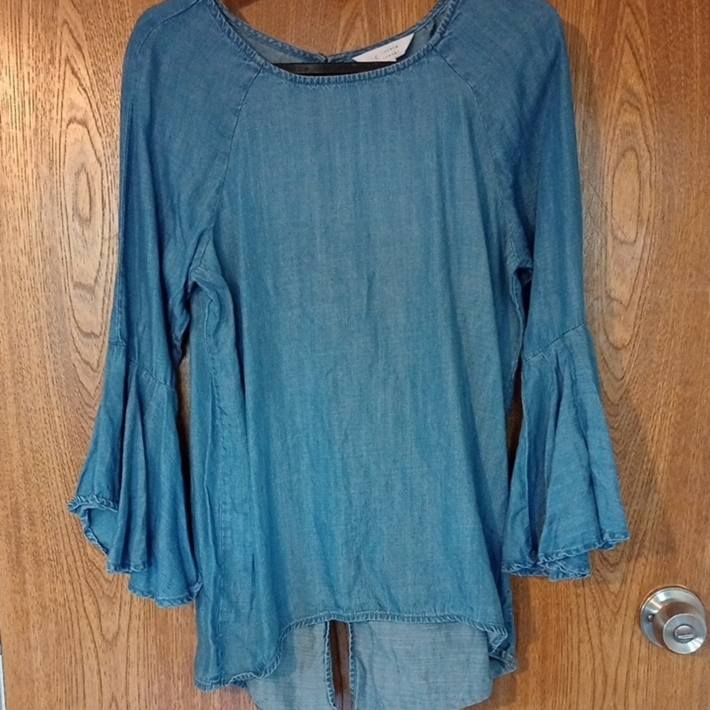 Women's Denim Blue Bell Sleeve Top